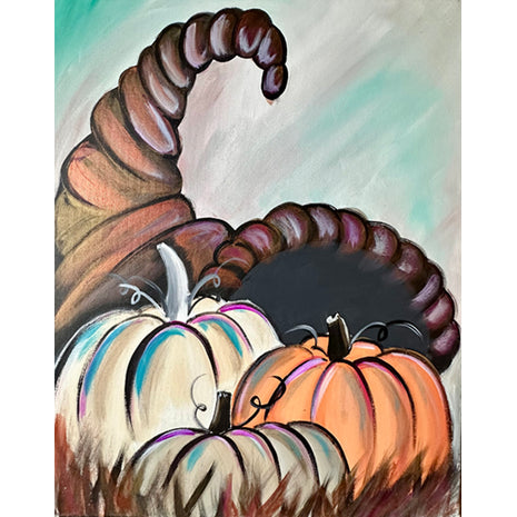 Canvas painting of a large cornucopia with pumpkins in front - a white pumpkin, a gold pumpkin, and an orange pumpkin. The painting has beautiful gold and copper accents, and everything is also accented with other colors like fluorescent purple and teal.