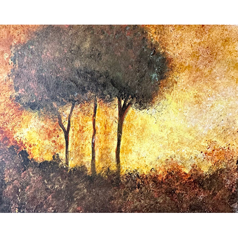 Canvas painting of a yellow and gold background with dark trees in the foreground. The painting features a lot of gold and copper metallic, and it is done not with brushes but with rolled up paper towels.
