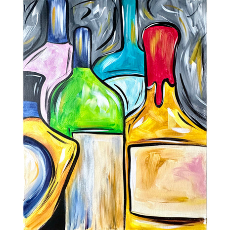 Canvas painting of five colorful bottles on a bar.