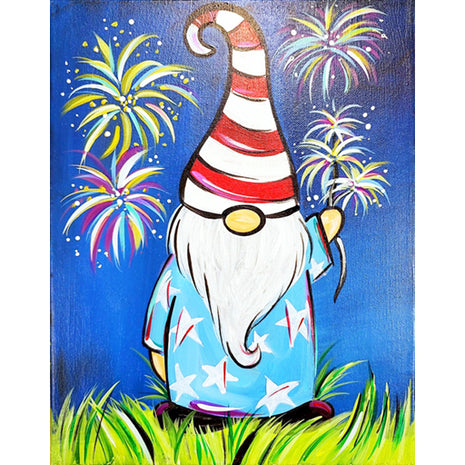 Canvas painting of a gnome dressed in 4th of July colors holding lit sparklers.