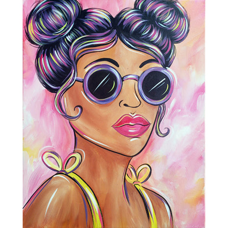 Canvas painting of pop art woman with round sunglasses and bright pink lipstick. Her hair is pulled up into two buns, and she is wearing a yellow strappy top.