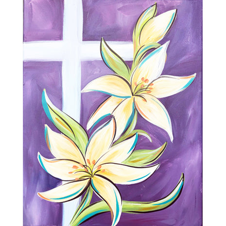 Canvas painting of a white cross on a purple fluorescent background. White lilies with teal and green accents are in front of the cross.