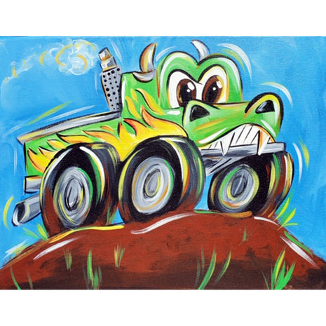 Canvas painting of a kids monster truck on a hill. The monster truck is green with a scary face. It has big wheels and flames on the side of the truck.