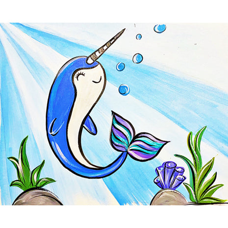 Canvas painting of a cute little narwhal. He is blue with a colorful tail.