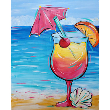 Canvas painting of a sunny day at the beach. In the foreground is a colorful tropical drink with an umbrella and an orange slice.
