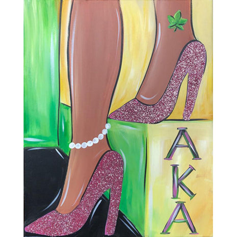 Canvas painting of a woman's legs. She is wearing pink glitter shoes and a pearl anklet.