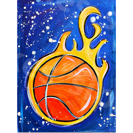 Canvas painting of a flaming meteorite basketball on a bright blue background.