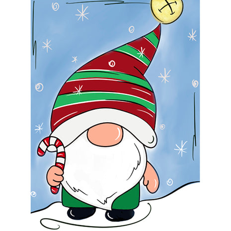 Canvas painting of a gnome with candy cane. He is wearing an elf hat with a bell on the end.