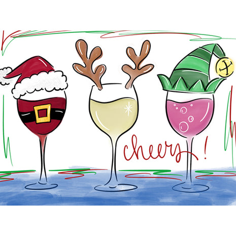 Canvas painting of three wine glasses - one of them with a Santa hat, one with reindeer ears, and one with an elf hat. Cheers!