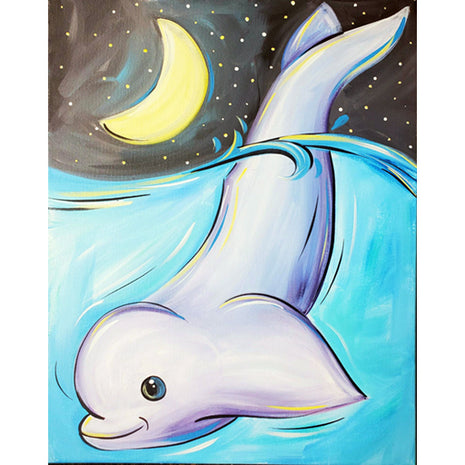Canvas painting of a dolphin diving underwater at night with the moon and stars in the background.