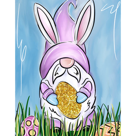 Canvas painting of an Easter gnome. e is wearing a colorful purple fluorescent hat and clothes and is holding a gold glitter egg. Other eggs are hidden in the grass around his feet.