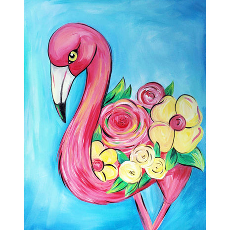 Canvas painting of a pink flamingo with colorful flowers adorning its back.