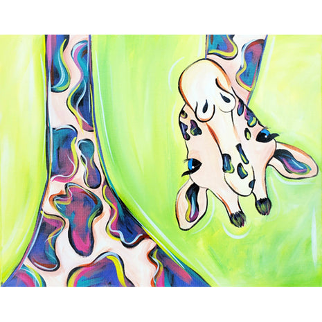 Canvas painting of a colorful giraffe whose body goes off the top side of the left side of canvas and then his head comes back in upside down on the other side. He is fluorescent purple and pink and teal and the background is a bright lime green.