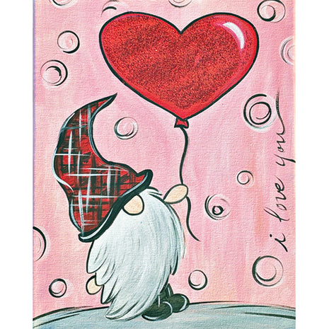 Canvas painting of a gnome wearing a red plaid hat and holding a heart shaped balloon.
