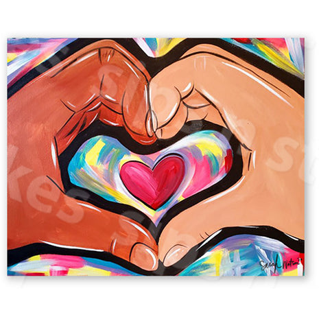 Colorful canvas painting of two hands, one dark skinned, one light skinned, forming a heart.