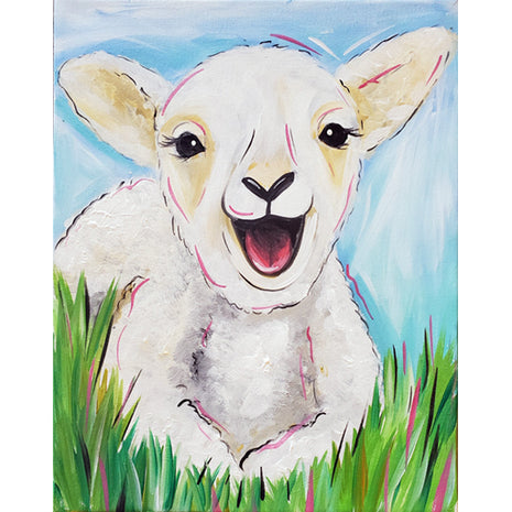 Canvas painting of a sweet little happy lamb in tall grass.