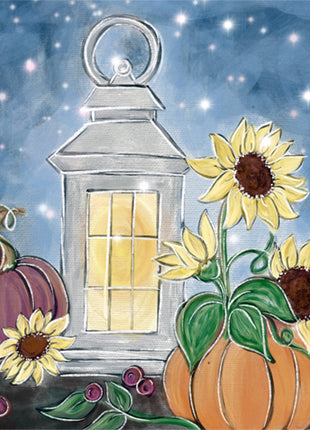 Canvas painting of a fall montage. There is a light gray lantern with two colorful pumpkins, one deep red and one orange, and several sunflowers. Fireflies are seen in the sky as well.