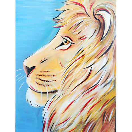 Canvas painting of a regal lion with colorful highlights.