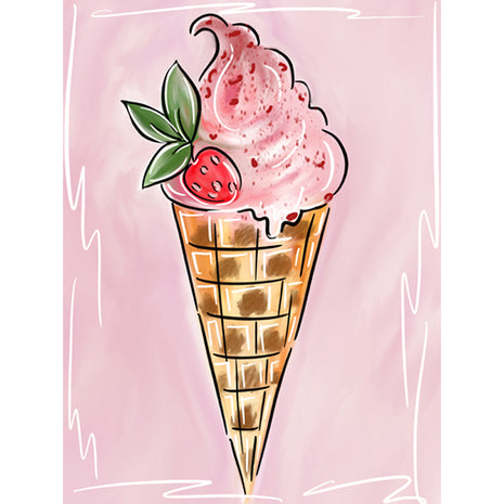 Canvas painting of a strawberry ice cream cone against a lovely pink background.