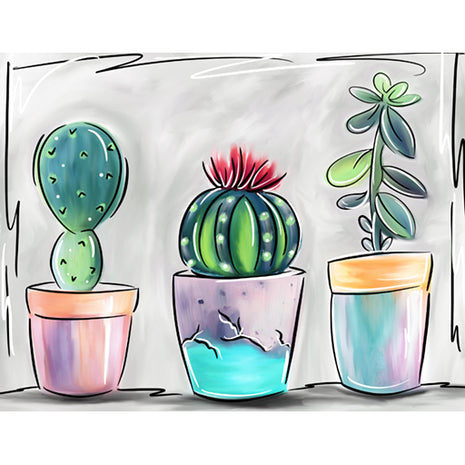 Canvas painting of three succulents in short colorful pots.