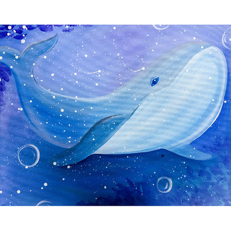 Canvas painting of a whale swimming in blue water with a little hint of purple visible above him where the sun is likely shining down. 