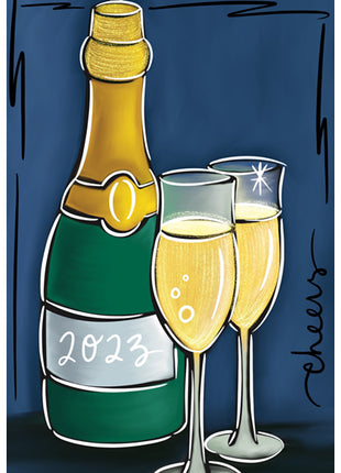 Canvas painting of a bottle of champagne and two glasses of bubbly. This is a New Year's Eve painting. 