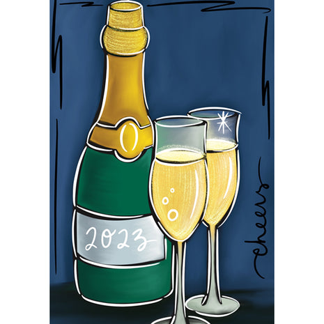 Canvas painting of a bottle of champagne and two glasses of bubbly. This is a New Year's Eve painting. 
