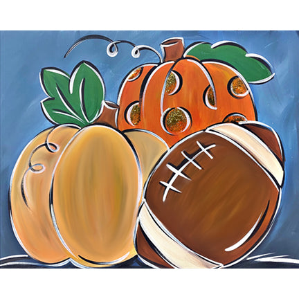 Canvas painting of a gold pumpkin, an orange pumpkin with gold glitter spots, and a football. The background is blue.