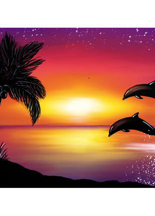 Canvas painting of a beautiful beach sunset - pink, orange, purple and yellow - with a couple of dolphins frolicking. 