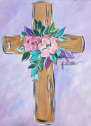 Canvas painting of a wooden cross against a light fluorescent purple background. On the cross are colorful flowers and colorful leaves. The word faith is written in script under the cross. 