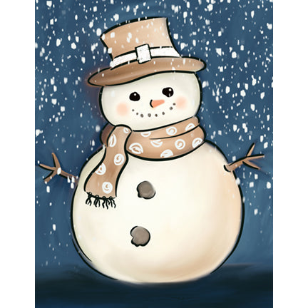 Canvas painting of a dapperly dressed snowman against a dark blue snowy night sky. The snowman is wearing a gold metallic hat and a gold metallic scarf. 