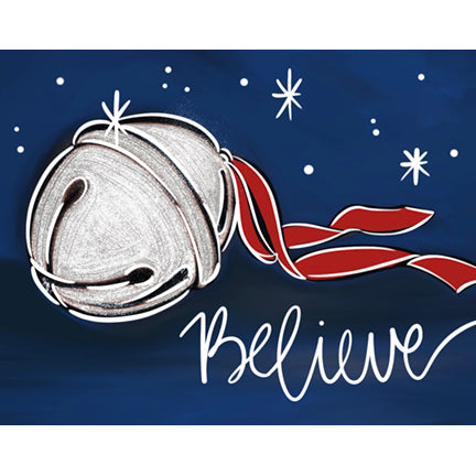 Canvas painting of a silver bell against a blue background. The word "believe" is written in script on the bottom. 