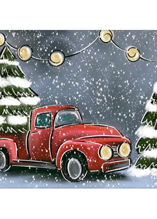 Canvas painting of a vintage red truck in the foreground with two snow covered trees in the background. Snow is falling and there are lights on a string glowing in the evening sky. 