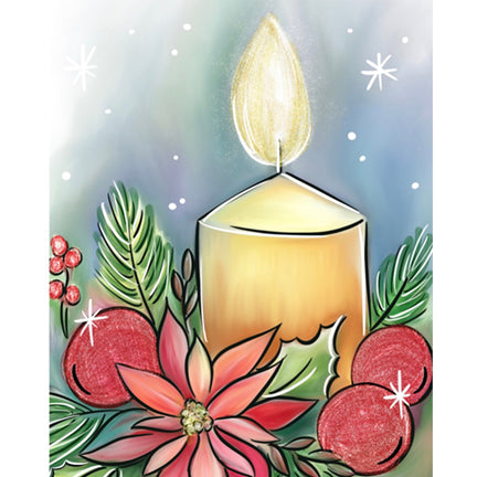 Canvas painting of a gold candle glowing against a light blue sky. The candle is seated amongst greenery including poinsettas and berries.