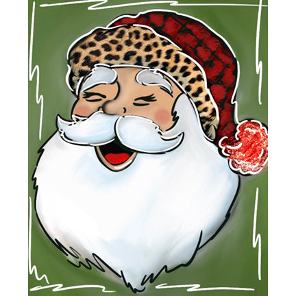 Canvas painting of a laughing Santa Claus wearing a red plaid hat with leopard print band at bottom. The background is green. 