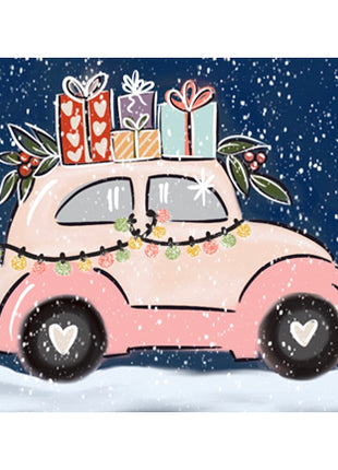 Canvas painting of a pink VW Beetle on a snowy road with a dark blue sky and snow falling. On top of the car are many colorful packages tied down. The car is adorned with Christmas lights and holly with berries. 