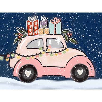 Canvas painting of a pink VW Beetle on a snowy road with a dark blue sky and snow falling. On top of the car are many colorful packages tied down. The car is adorned with Christmas lights and holly with berries. 