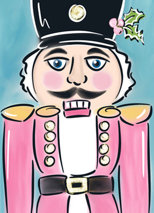 Canvas painting of a bubblegum pink-clad nutcracker. He is also wearing a black hat with holly and berries. He has blue eyes, pink cheeks. a black mustache, and gold epulets adorn his uniform. 