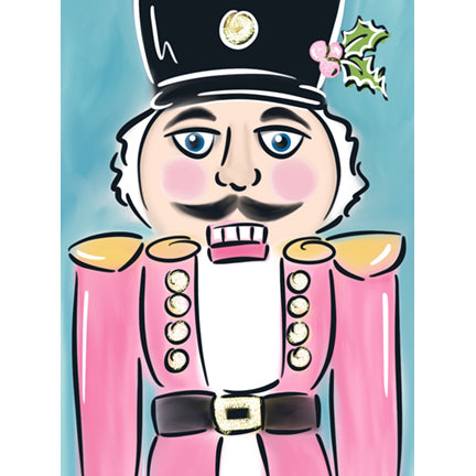 Canvas painting of a bubblegum pink-clad nutcracker. He is also wearing a black hat with holly and berries. He has blue eyes, pink cheeks. a black mustache, and gold epulets adorn his uniform. 