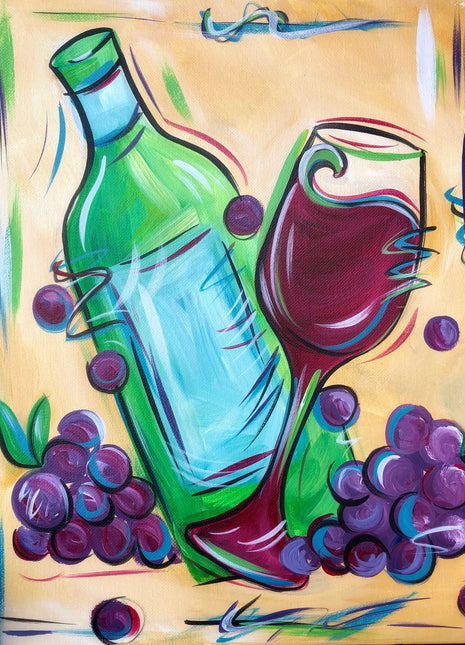Canvas painting of a green wine bottle and a glass with a dark red wine inside. There are purple grapes at bottom. 