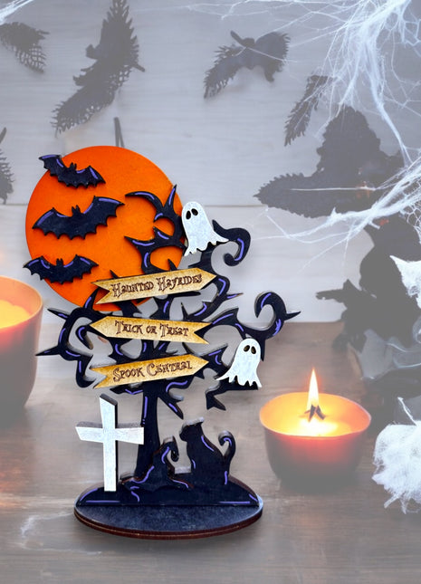 Spooky Halloween Wooden Shelf Sitter - Ghosts and Bats in the Cemetery!