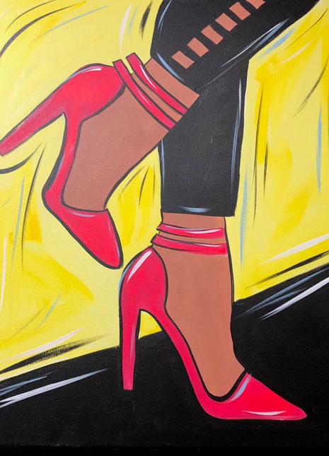 Canvas painting of a woman standing with her foot propped behind her against wall. She is wearing black pants and pink strappy heels. The background is yellow with a black floor.