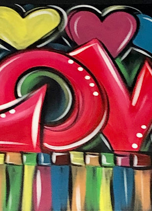 "LOVE" canvas painting with  lots of  abstract features like hearts and squares and dots in many different colors. 