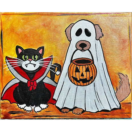 Canvas painting of  Black Cat dressed in Dracula Halloween costume sitting next to a brown dog wearing a ghost costume. Dog is holding an orange trick-or-treat Halloween bucket in his mouth. 