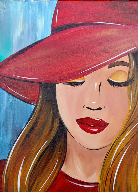 Canvas painting of a young woman with red hair. She is wearing a red hat and a red top. She has bright red lipstick, gold eye shadow and red hair. 