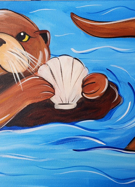 Canvas painting featuring an adorable sea otter. The water he is swimming in is bright blue with waves. The sea otter is brown and he's on his back with his feet and tail sticking out of the water. He is holding a white shell. 