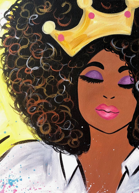 Canvas painting of a dark skinned woman wearing a gold crown in her hair. Her hair is black with lots of gold and copper metallic curls to highlight. she has purple eye shadow and pink lipstick.