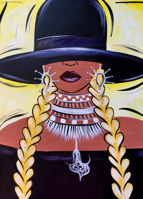 Canvas painting of a lady who looks a little like Beyonce. She is wearing her hair in two large braids, has a large black hat covering half of her face and a black dress. She is also wearing large spiky earrings that hang down and a very large clunky decorative necklace. 