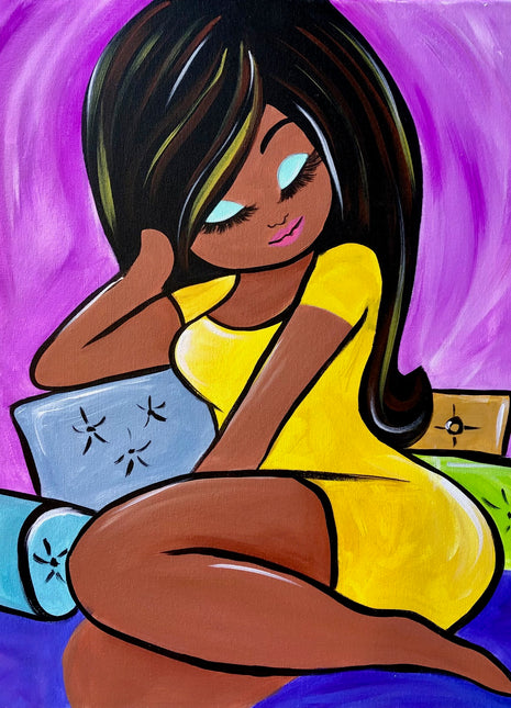 This pop art canvas features a lady who'd dressed in a bright yellow dress. She is sitting with her feet tucked behind her on a colorful sofa with many pillows against a fluorescent purple backrground. She is wearing blue eye shadow and pink lipstick. Her hair is long and dark with highlights. 