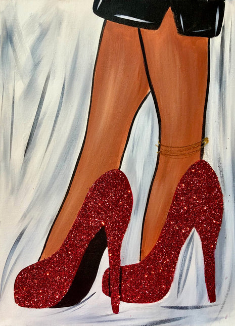 Canvas painting of a woman but you can only see the very bottom of her black skirt and her legs and her red glitter heels. 